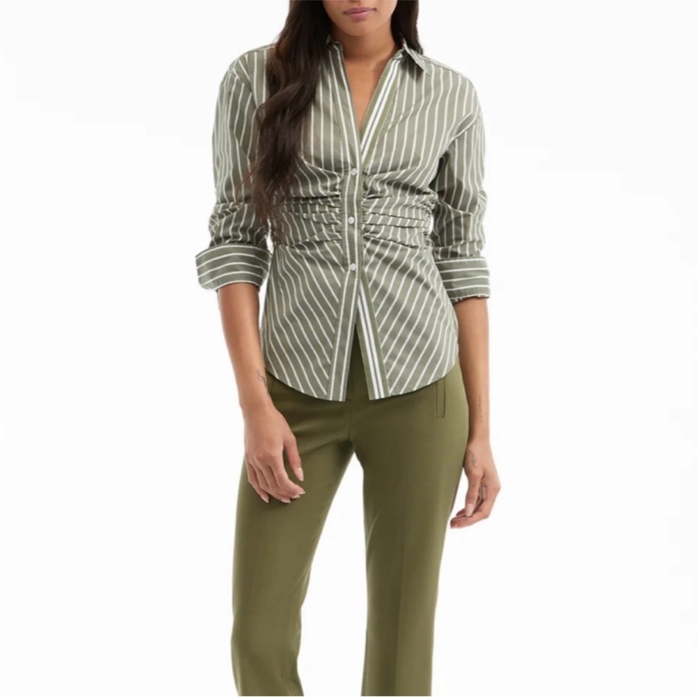 Veronica Beard Olive and White Striped Button-Up Shirt NWOT